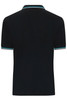 A black men's polo shirt with a contrasting turquoise trim on the collar and sleeves, featuring a logo.