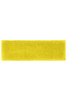 A bright yellow terry headband with a soft, textured fabric. It has a branded logo.