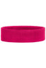 A pink terry headband made of soft fabric, featuring an embroidered logo.