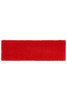 A red terry headband with a soft, textured finish. It features a logo.