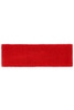 A red Terry Headband made of soft, fuzzy material, featuring a logo.