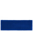 A blue terry headband with a soft, textured surface and a subtle branding logo.
