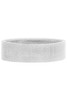 A grey terry headband with a soft, textured appearance and a logo present on the design.
