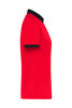 A red ladies zip polo shirt with a black collar and sleeve accents, featuring a logo.