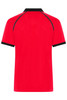 A red men's zip-polo shirt featuring black accents and a logo on the design.