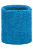 A blue terry wristband with a soft, textured finish and a consistent cylindrical shape. It features a logo.