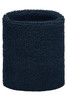 A navy Terry Wristband made of soft, textured fabric, featuring a logo on the side.