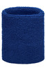 A blue Terry Wristband with a soft, textured fabric. It has a logo featured on the design.