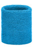 A blue Terry Wristband with a textured fabric design. It features a logo on the side.