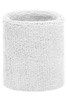 A white Terry wristband with a textured, soft finish, featuring a logo.