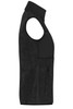 A black fleece vest with a high collar and side pockets, featuring a logo on the front.