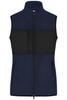 A navy fleece vest featuring a black panel, with a zip front and multiple pockets.