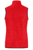 A red fleece vest with a high collar and black trim, featuring no sleeves and a solid design.