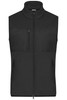 A black men's fleece vest with a high collar, front zip, and two side pockets. It features a chest pocket and a logo.