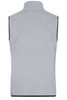 A grey men's fleece vest with a high collar and contrasting black trim, featuring a logo on the back.