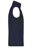 A men's fleece vest in navy blue with black accents and a zippered pocket, featuring a logo.
