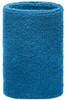 A blue wristband made of soft, textured fabric, featuring a logo at the top.
