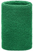 A green sporty wristband made of soft fabric, featuring a logo on its surface.