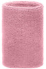 A pink sporty wristband made from soft, textured material, featuring a logo on one side.
