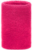 A bright pink sporty wristband made of soft, textured fabric, featuring a circular design.