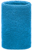 A blue sporty wristband made of soft fabric, cylindrical in shape, featuring a logo.