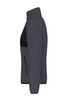 A polar fleece jacket in dark grey with a black panel and zippered pockets. It features a high collar and a fitted design.