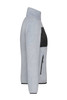 A grey ladies' fleece jacket featuring a black panel and zippered pockets, with a high collar design.