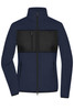 A navy ladies fleece jacket featuring a black panel across the chest, with a zippered pocket and high collar.
