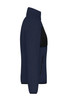 A navy blue polar fleece jacket with a black pocket and zipper. It features a high collar and a sleek design.