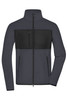 A men's fleece jacket in navy blue with black panel detailing and a full zip front. Features two front pockets and a logo.