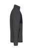 A men's fleece jacket in dark grey with a black panel and zippered pockets, featuring a logo.