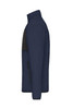 A polar fleece jacket in navy blue with black detailing and a zippered pocket, featuring a logo.