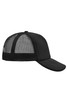 A black 5 panel polyester mesh trucker cap featuring a solid front and mesh back, with a curved brim and a logo.