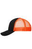 A black and orange 5 Panel Polyester Mesh Trucker cap with a mesh back and a solid front panel.