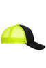 A black and fluorescent yellow 5-panel polyester mesh trucker cap with a curved brim and mesh panels.