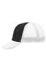 A black and white 5 Panel Polyester Mesh Trucker cap with a mesh back and a curved peak. It features a logo.