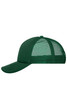 A green 5 panel polyester mesh trucker cap with a solid front and mesh sides, featuring a logo.