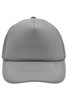 A grey 5 panel polyester mesh trucker cap featuring a solid front and mesh sides, with a flat brim and an adjustable back.