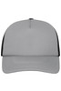 A grey 5-panel polyester mesh trucker cap with black mesh panels and a structured front. Features a logo.