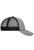A grey 5 panel trucker cap with a black mesh back and a curved brim. It features a logo on the front.