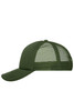 A green 5-panel polyester mesh trucker cap with a curved visor and a mesh back. It features branding.