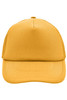 A yellow 5 Panel Polyester Mesh Trucker hat with a solid front and mesh sides, featuring a logo.