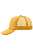 A yellow 5 Panel Polyester Mesh Trucker cap with a mesh back and a curved brim, featuring a logo.