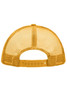 A yellow 5 panel polyester mesh trucker hat with a snapback closure, featuring a mesh design for ventilation.