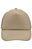 A beige 5 panel polyester mesh trucker cap with a rounded crown and a solid front panel. It features a logo.