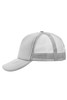 A grey 5 panel polyester mesh trucker cap with a solid front and mesh back. It has a curved brim and features a logo.