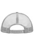 A grey 5 panel polyester mesh trucker cap featuring a mesh back and an adjustable strap.
