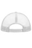 A white 5 panel polyester mesh trucker cap featuring a plastic snapback and mesh detailing at the rear.