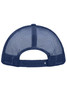 A navy blue 5 Panel Polyester Mesh Trucker cap featuring a mesh back and an adjustable strap. It has a logo present.