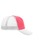 A pink and white 5 Panel Polyester Mesh Trucker cap with a mesh back and a curved bill. It features a logo on the front.